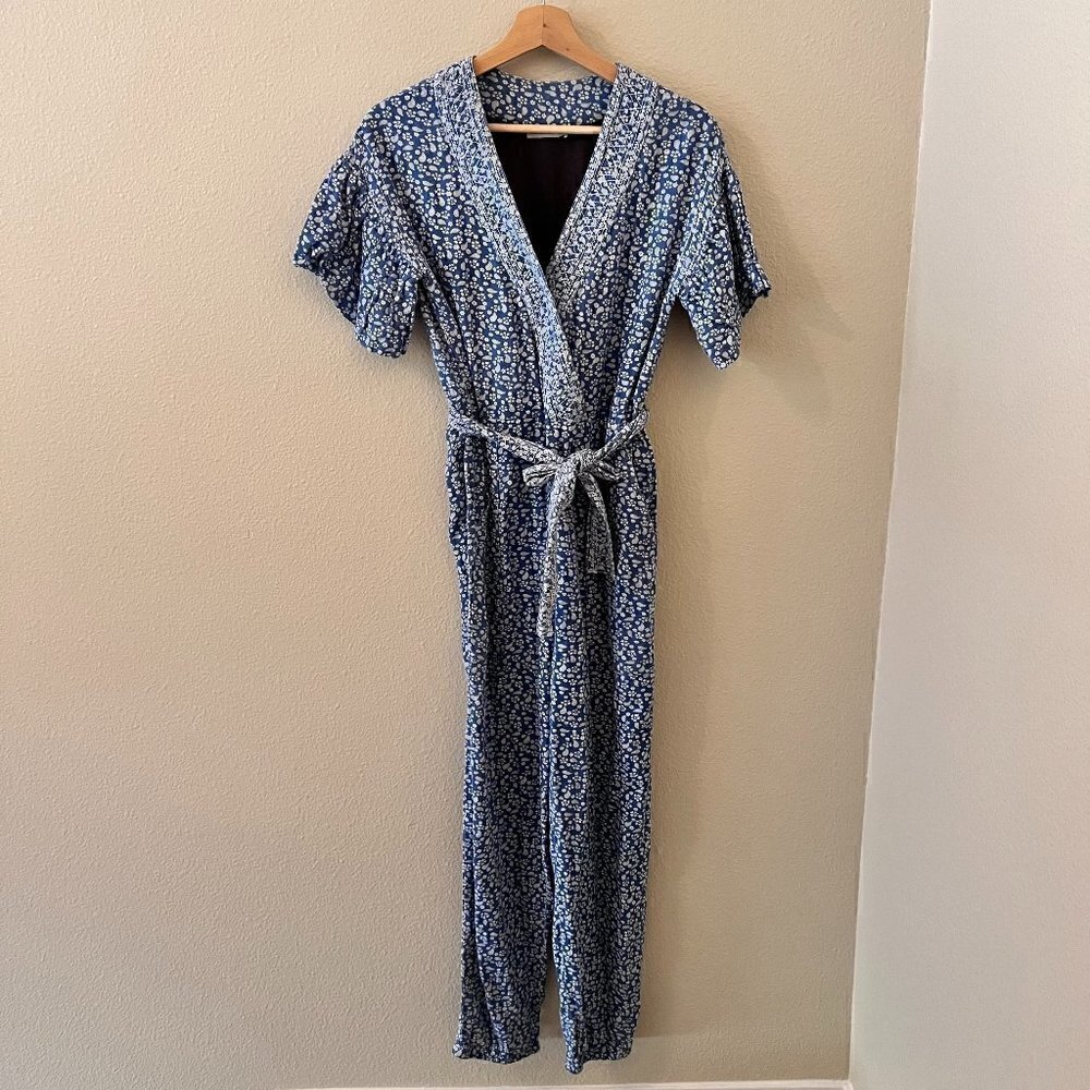 Ulla Johnson Reiko Blue Floral Patchwork Shibori Cotton Belted Jumpsuit US 0  - Picture 2 of 9